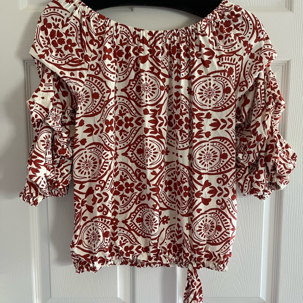 CeCe Red and White Ruffled Tie Front Blouse
